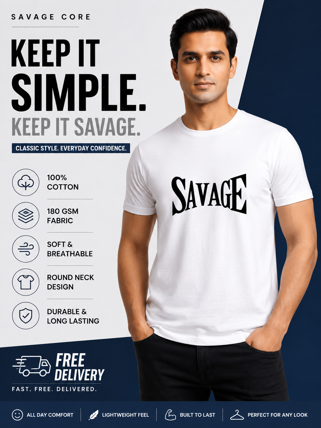Savage Core Cotton Round Neck 180GSM Half Sleeve Tshirts White