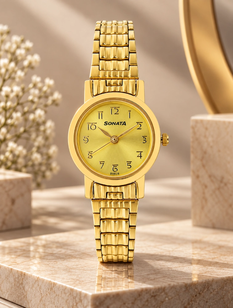 Sonata Quartz Analog Champagne Dial Stainless Steel Strap Watch For Women NS8976YM06W
