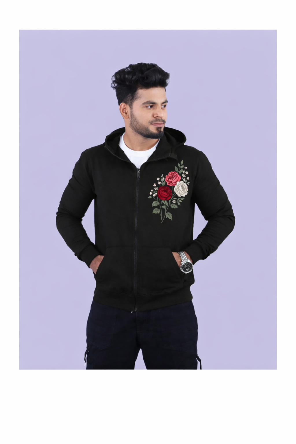 Nisarga's Unisex Black Cotton Hoodie with Zipper 300GSM