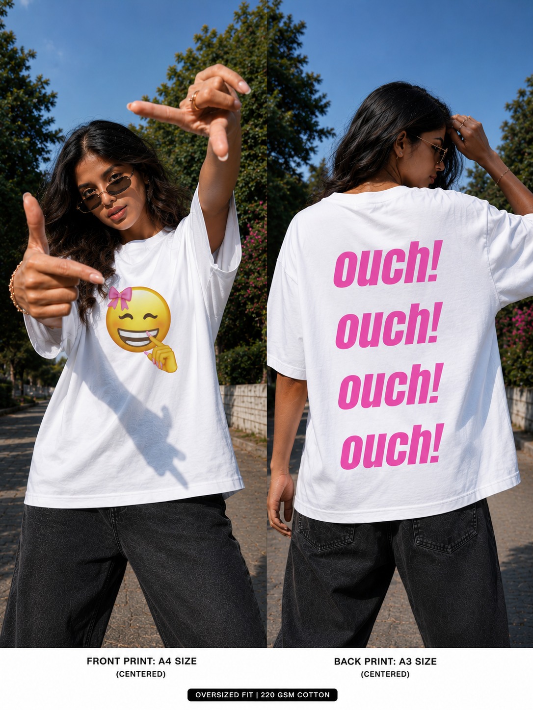  OUCH OUCH OUCH White Cotton Oversize 220GSM Round Neck Tshirts