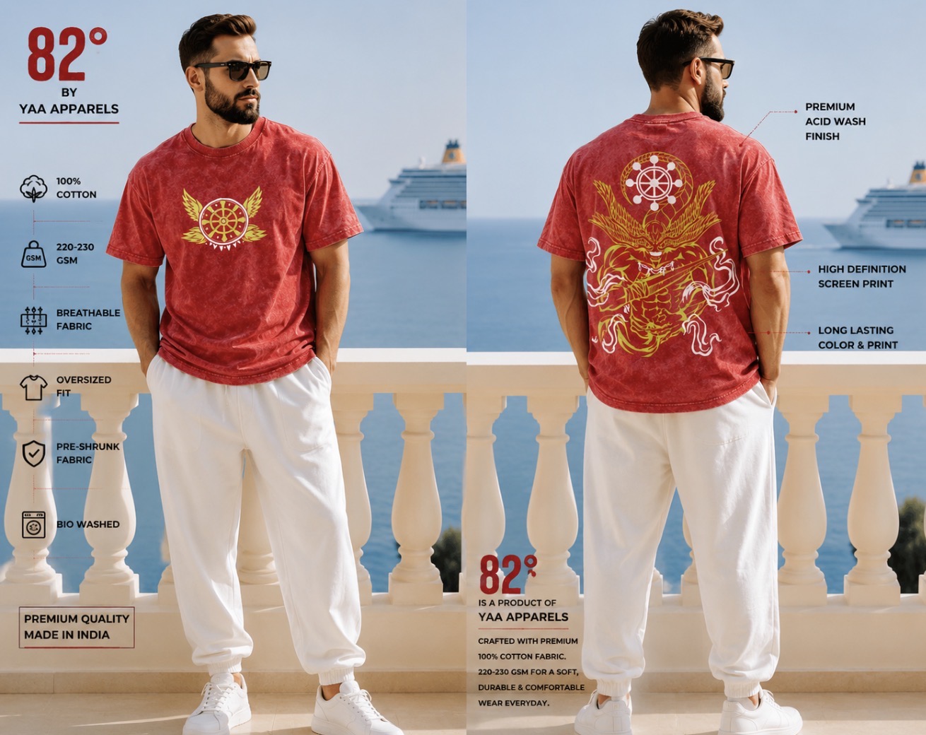 82 degree yaa apparels premium acid wash oversized t shirt/220-230 gsm 100% cotton bio wash