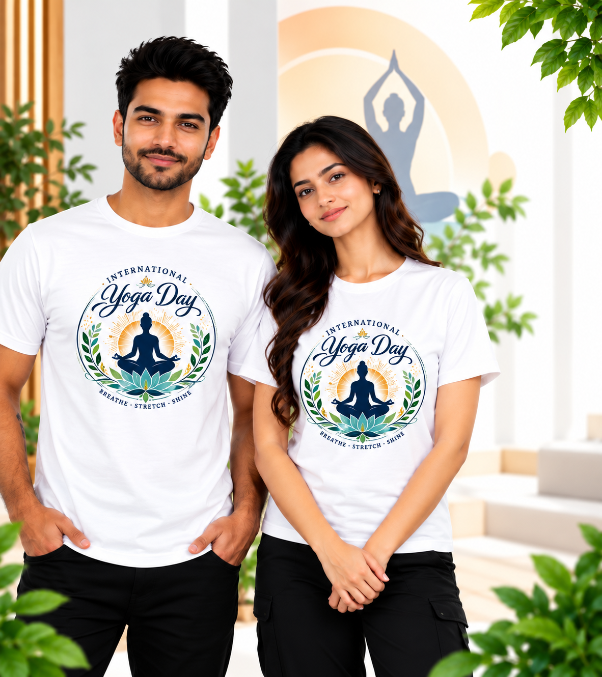 International Yoga Day Breathe Stretch Shine Meditation Polyester Round Neck Unisex T-Shirt 100 GSM White