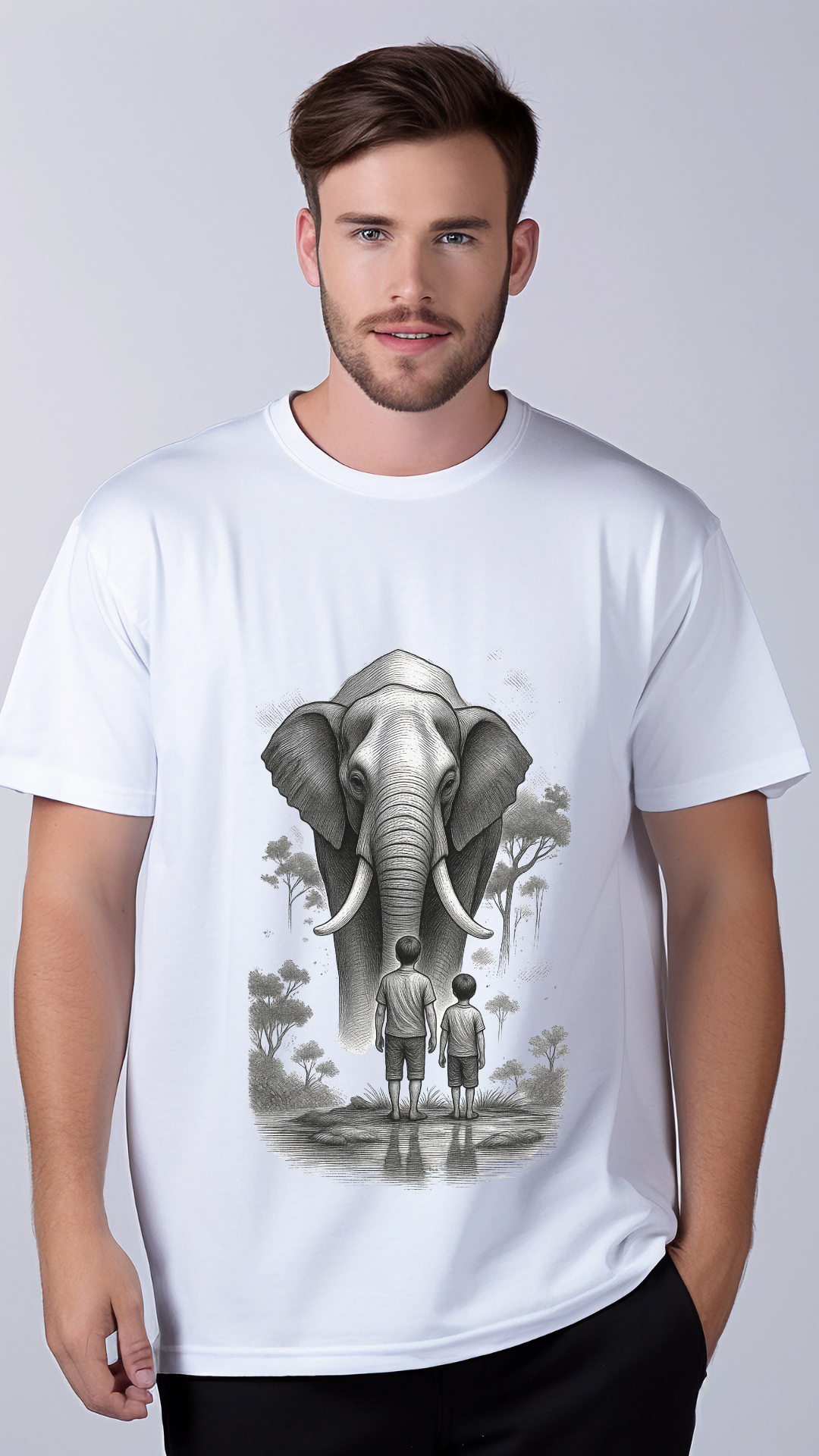 White Cotton Elephant Lovers Round Neck Cuffed Sleeve 180 GSM Regular Fit T Shirts