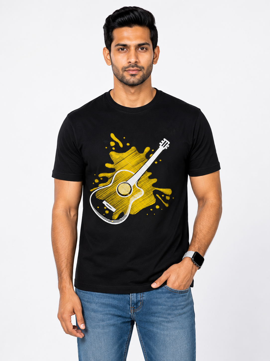 Guitar Black Cotton Round Neck Cuffed Sleeve 180 GSM Regular Fit T Shirt