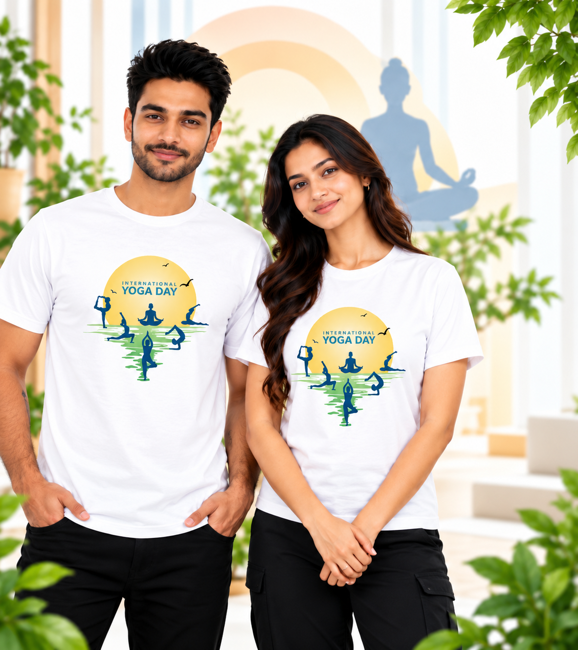 International Yoga Day Multiple Yoga Poses Polyester Round Neck Unisex T-Shirt 100 GSM White