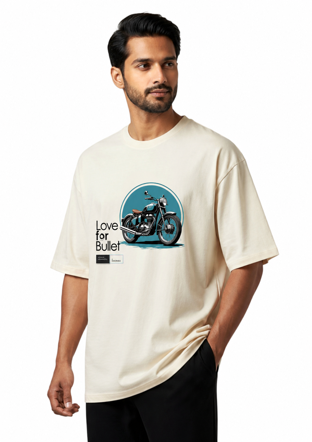 Motorcycle, Bullet, Graphic, Oversized, Men, French Terry, 240 GSM, Beige.