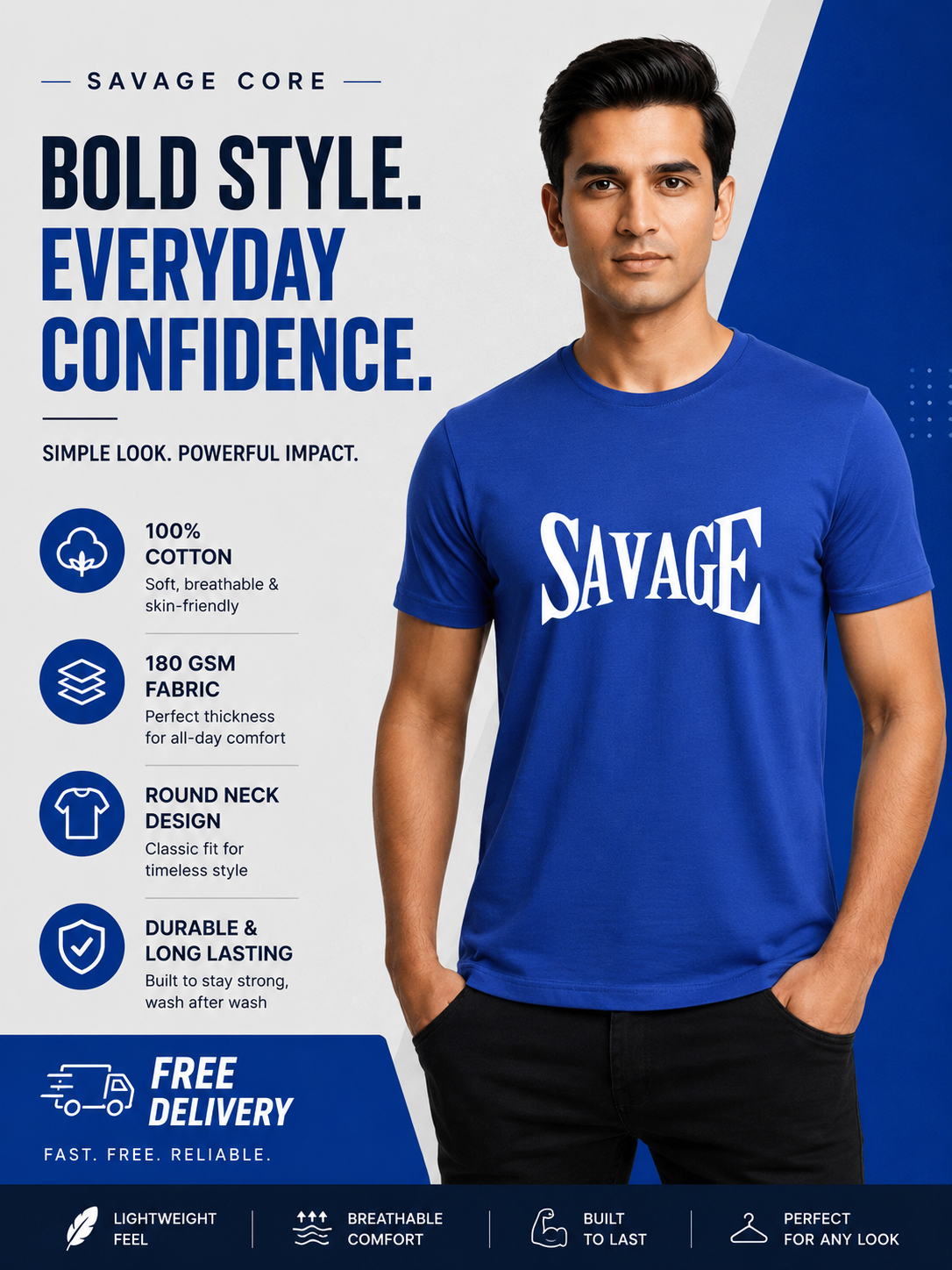 Savage Core Cotton Round Neck 180GSM Half Sleeve T-shirts Royal Blue