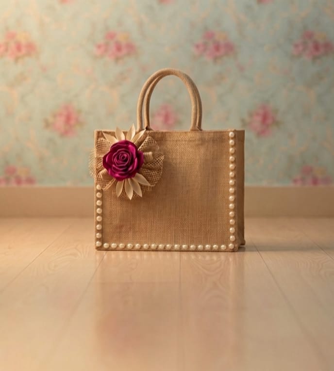 Jute Bag with pearl and attached flower bunch Bag
