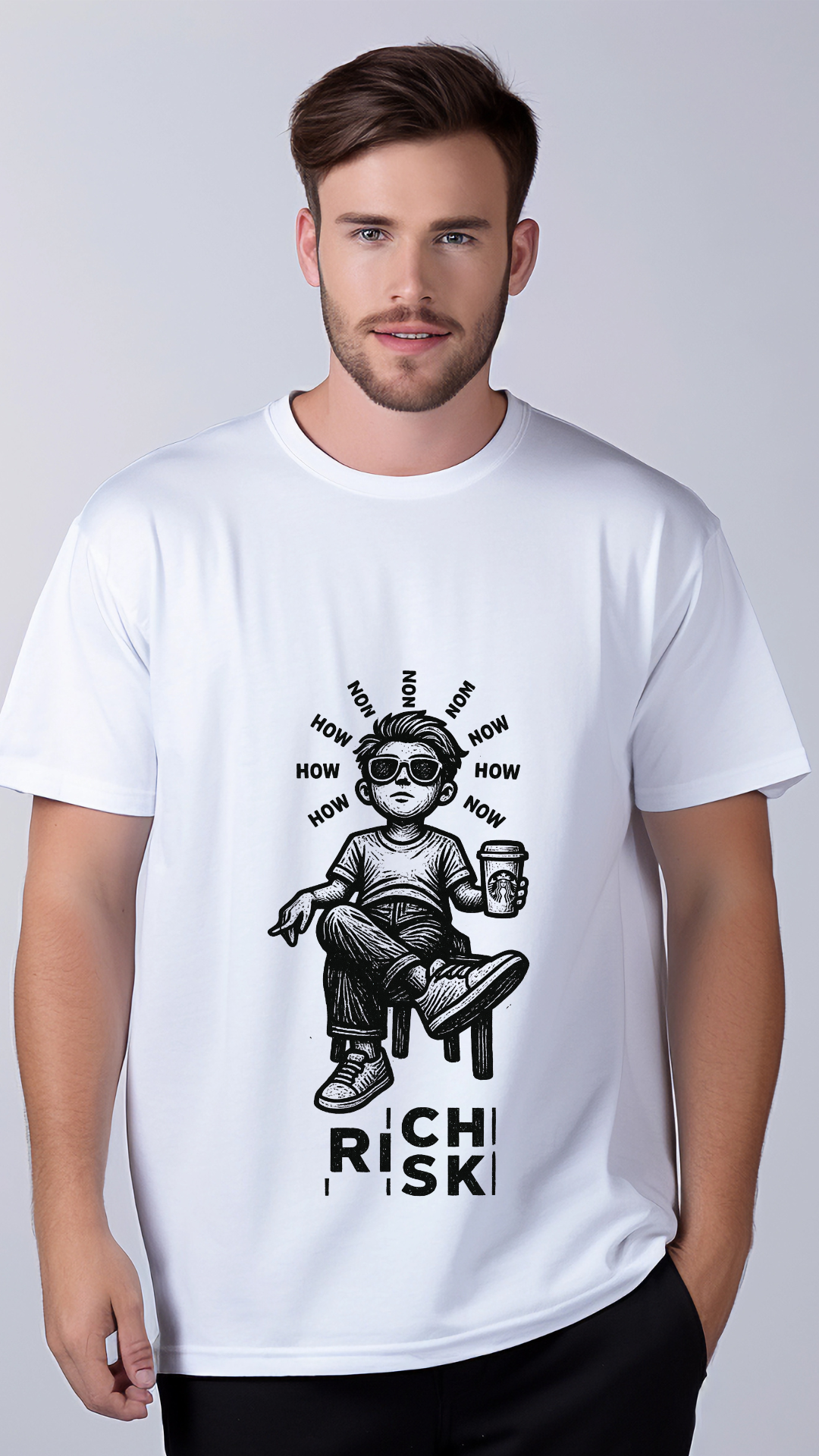White Cotton Risk For Rich Round Neck Cuffed Sleeve 180 GSM Regular Fit T Shirts
