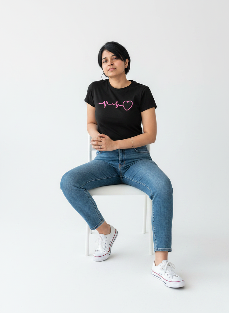 Women's Casual Printed Black Tee 140 gsm