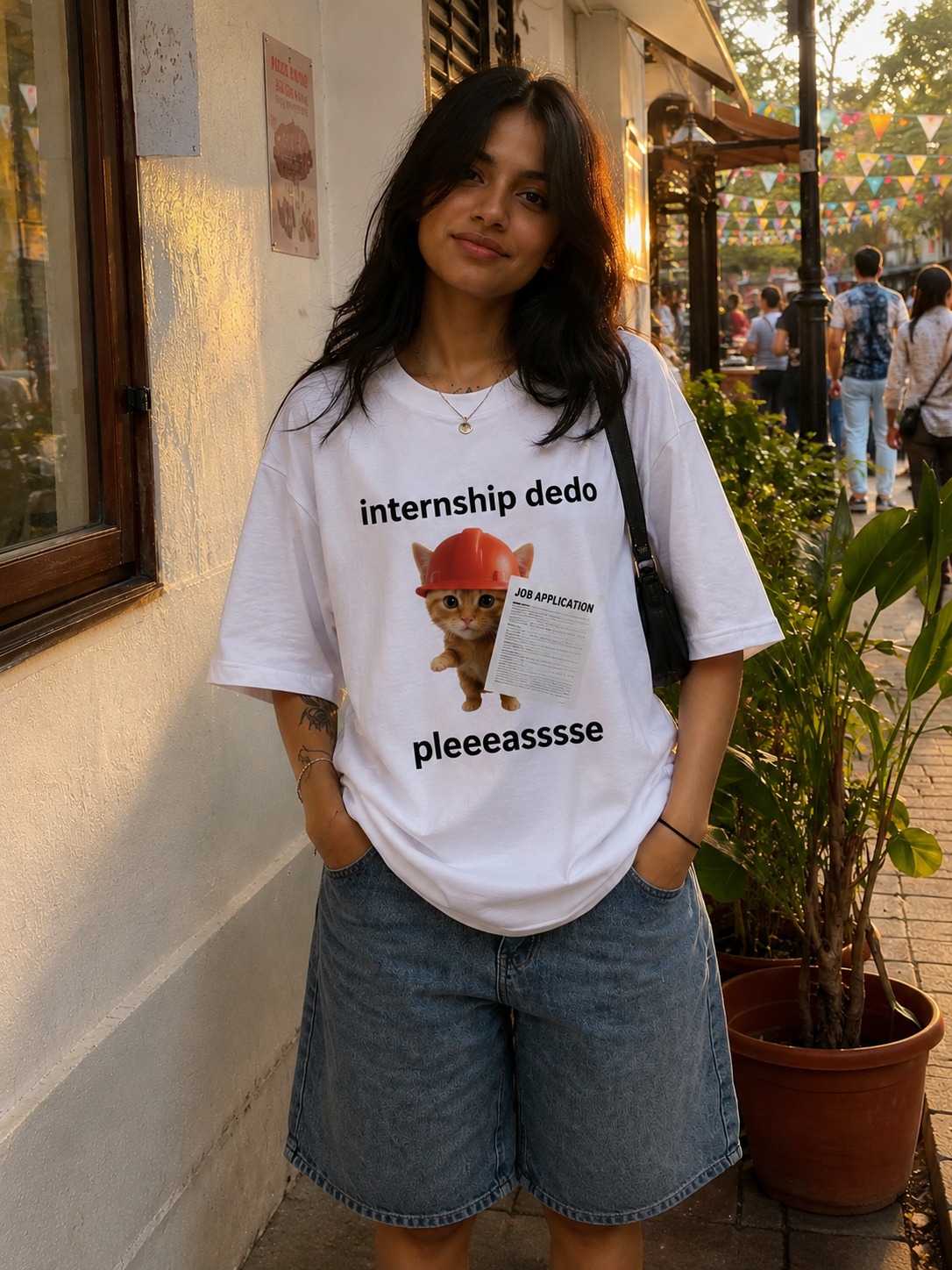 INTERNSHIP DEDO PLEASE White Cotton Oversize 220GSM Round Neck Tshirts