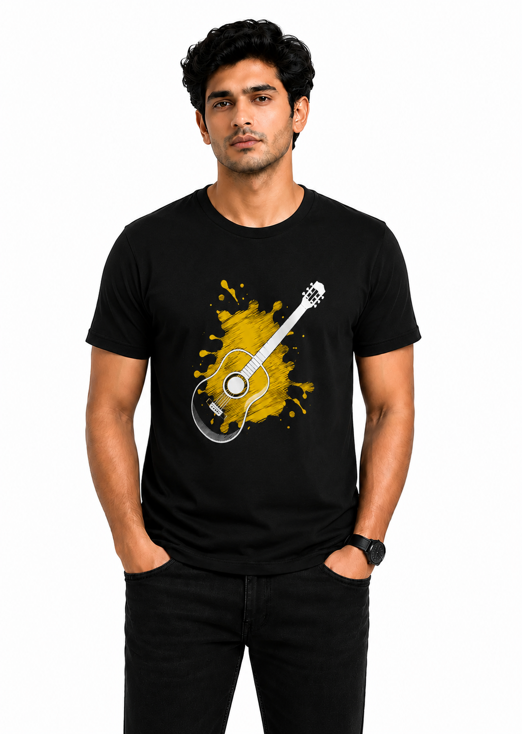 Guitar printed Black Cotton 180 GSM Round Neck Half Sleeve Seamless Tshirt