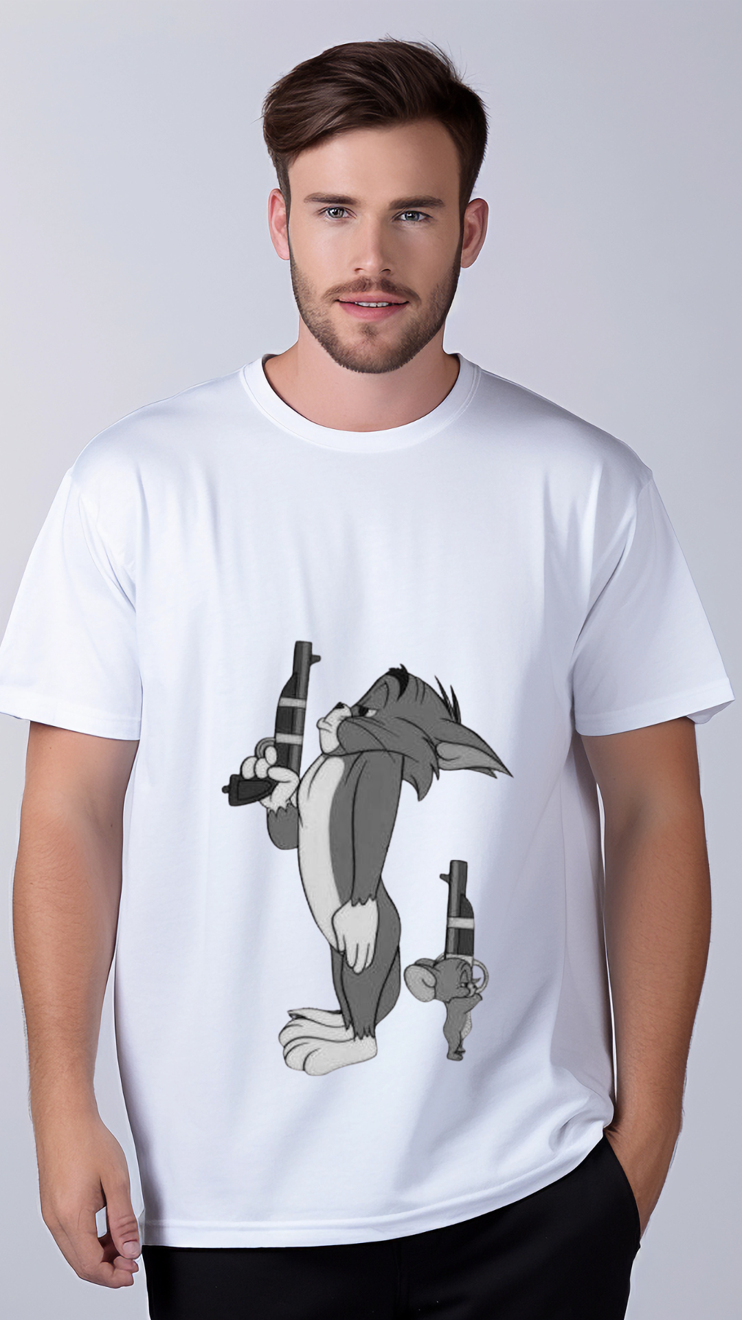 White Cotton Tom & Jerry Round Neck Cuffed Sleeve 180 GSM Regular Fit T Shirts