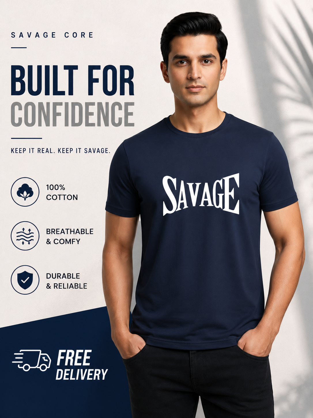 Savage Core Cotton Round Neck 180GSM Half Sleeve Tshirts Navy Blue