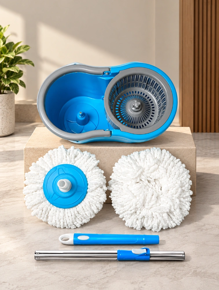 Blue 360 Degree Rotating Spin Mop and Bucket with Microfiber Mop Heads