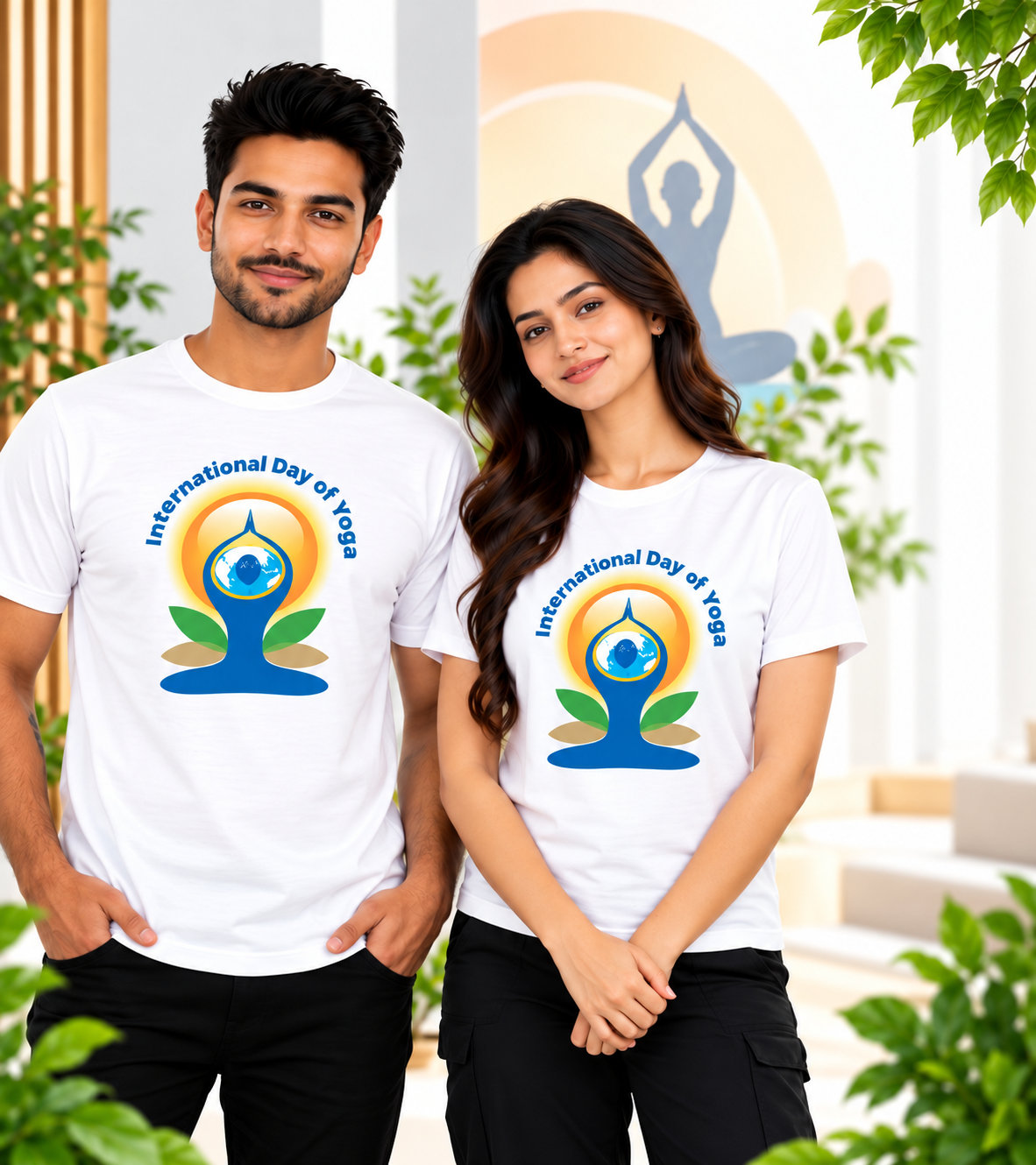 International Yoga Day Polyester Round Neck Unisex T-Shirt 100 GSM White