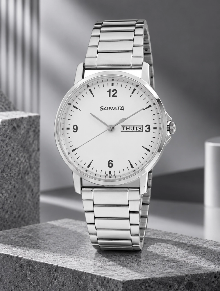 Sonata Quartz Analog With Day And Date White Dial Stainless Steel Strap Watch For Men NT77083SM01