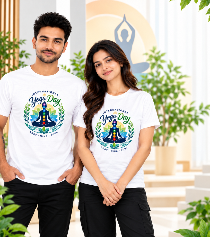 International Yoga Day Yoga Meditation Chakra Polyester Round Neck Unisex T-Shirt 100 GSM White