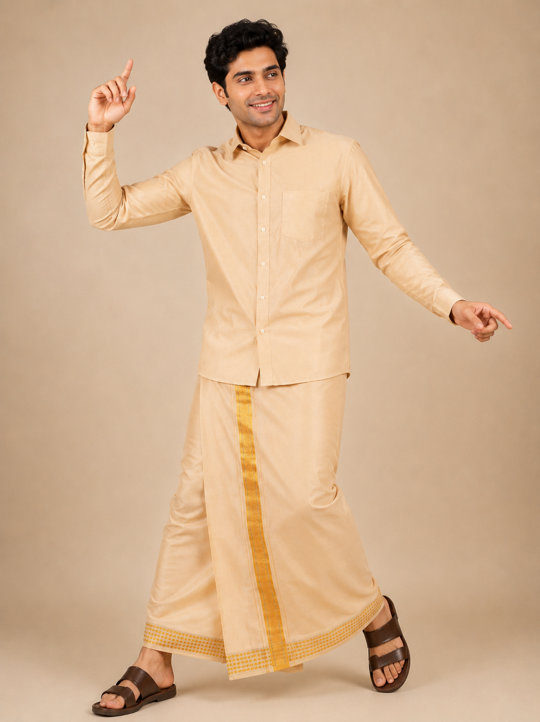 Gold Mens Premium Plain Tissue Silk Shirt and Dhoti Set
