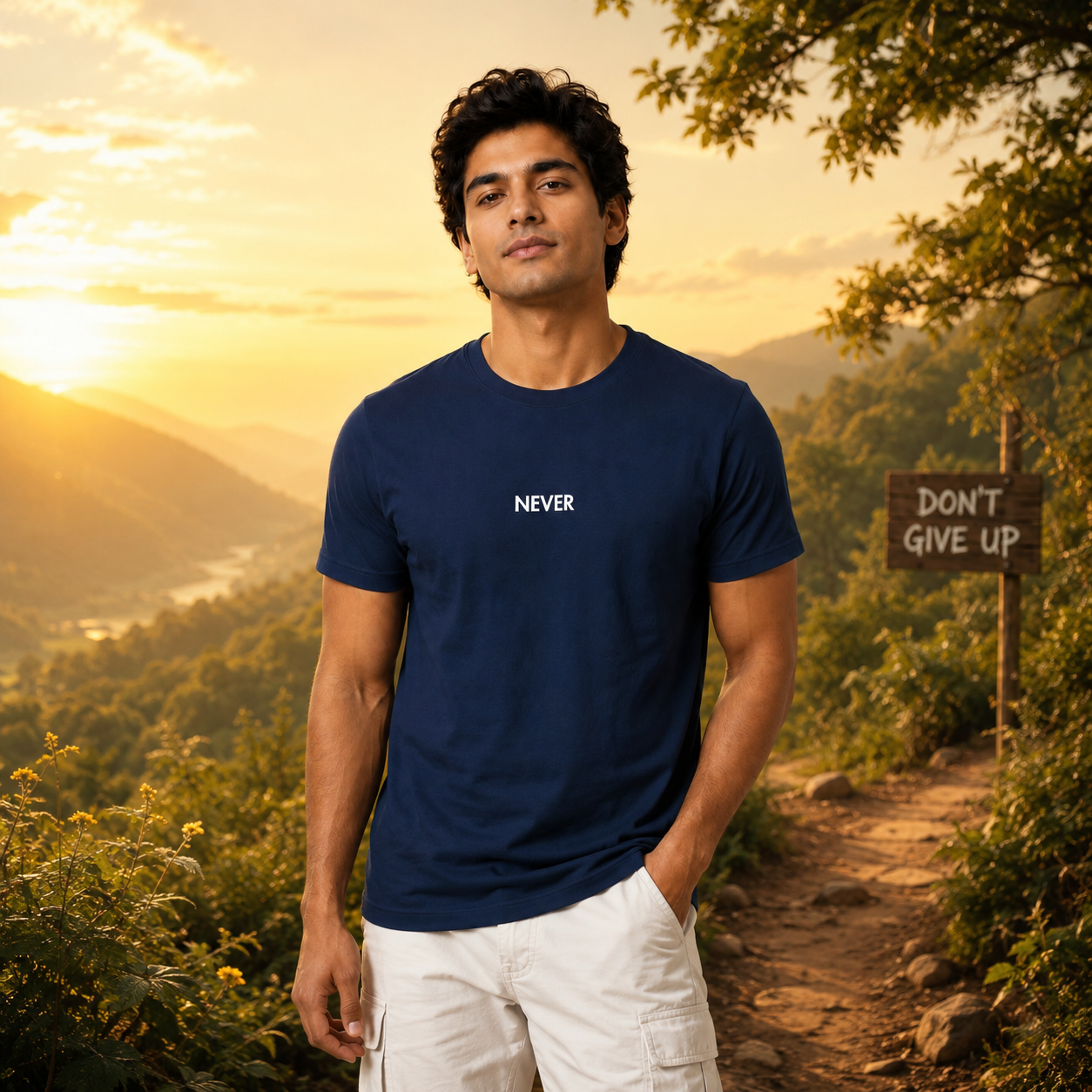 Never Give Up Graffiti Cotton Round Neck T-Shirt 180 GSM Navy Blue