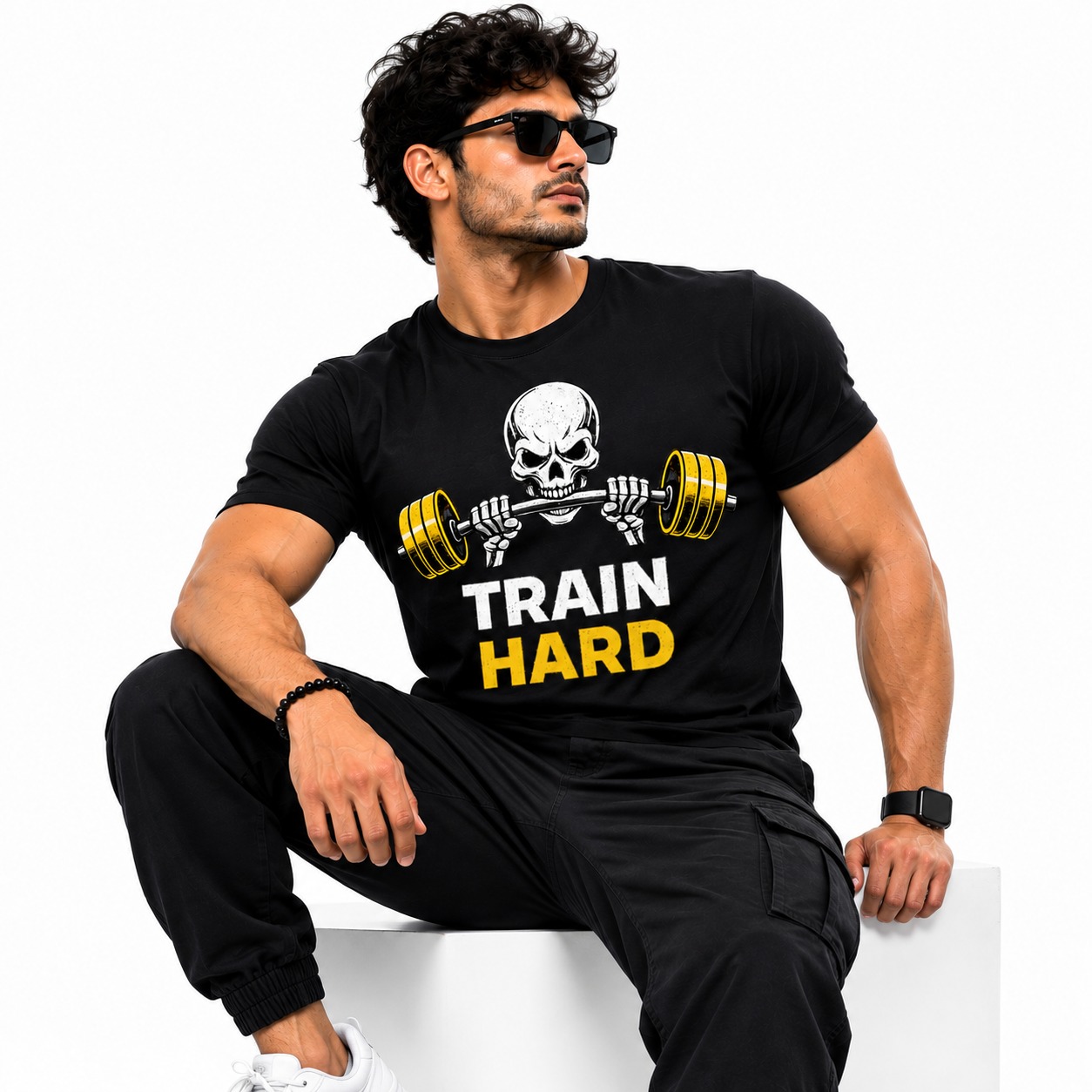 Train Hard Skull Barbell Men’s Gym T-Shirt – Black