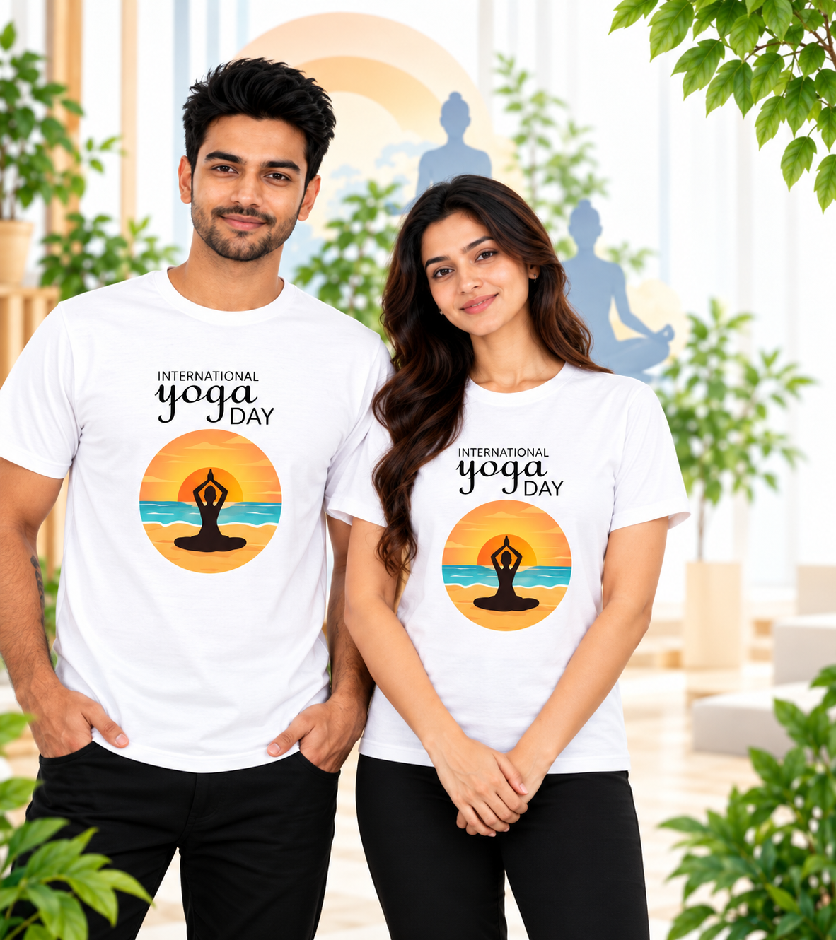 International Yoga Day Beach Yoga Meditation Polyester Round Neck Unisex T-Shirt 140 GSM White