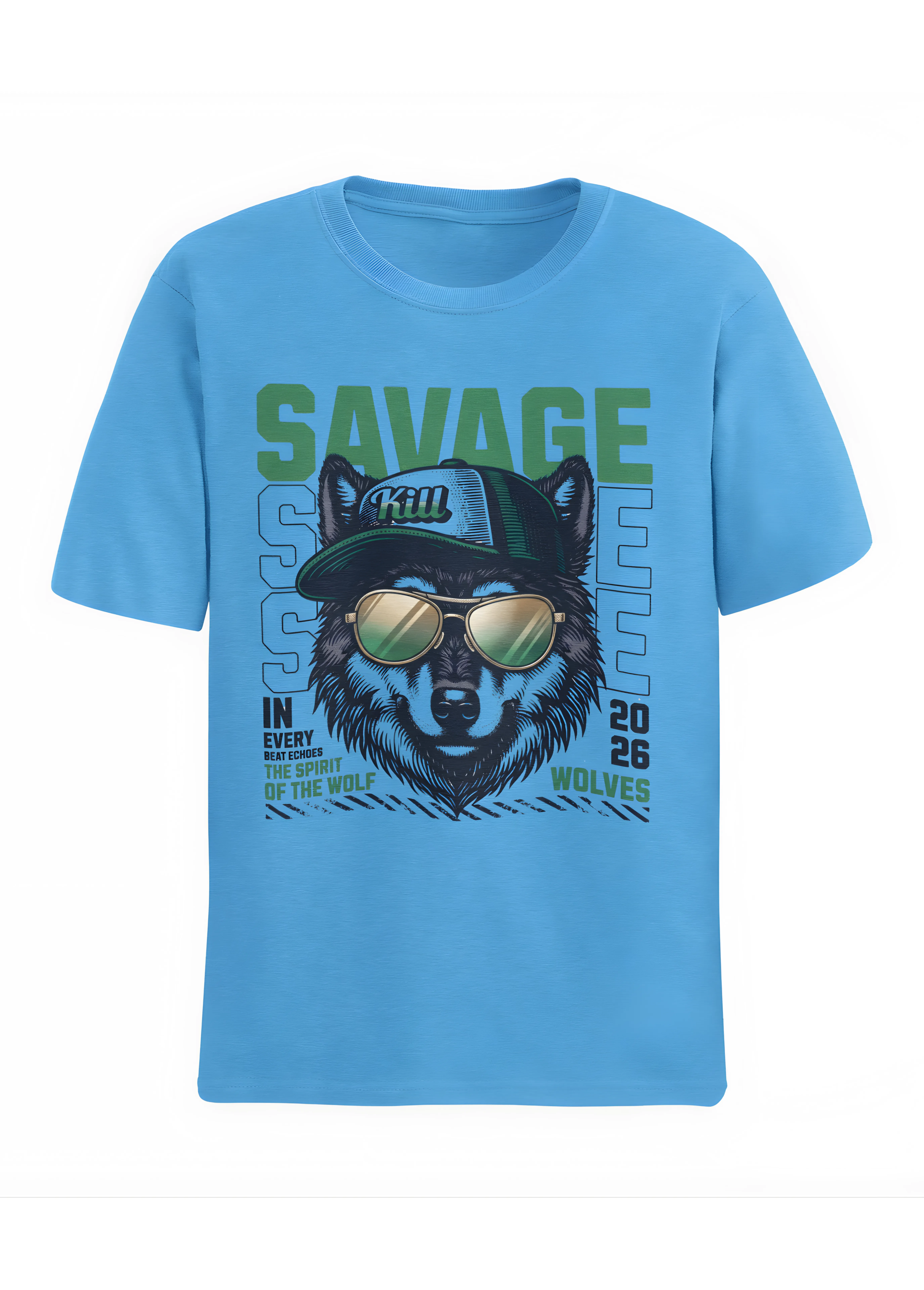 Savage Wolf Oversized T-Shirt for Men | 100% Cotton 220 GSM | Urban Street Style Graphic Tee | Sky Blue