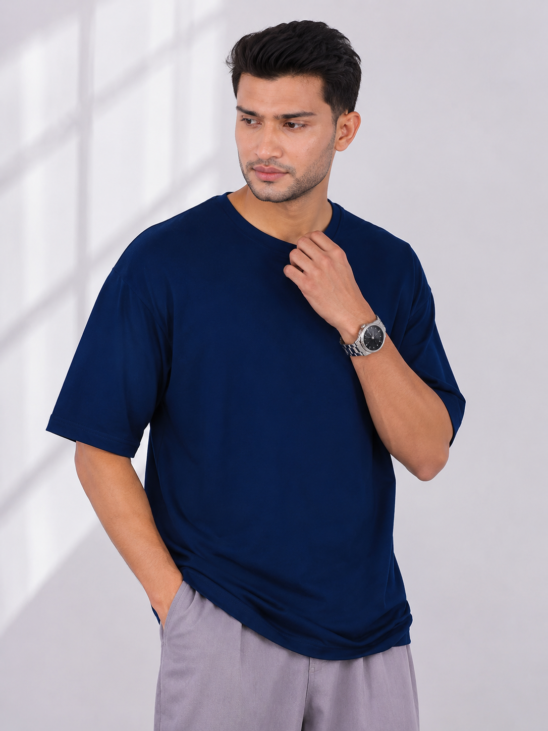Navy Blue Oversize Cotton French Terry Half Sleeve