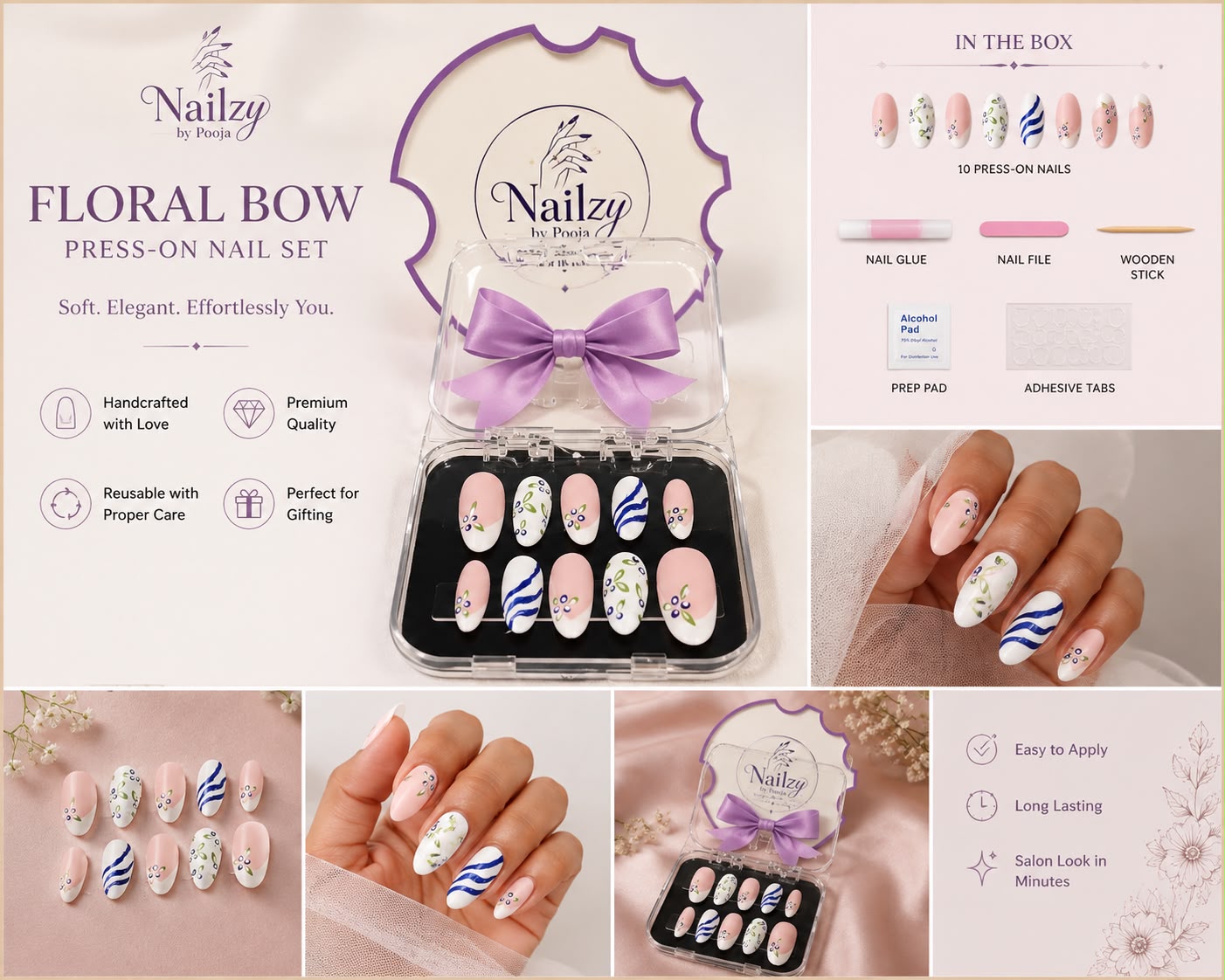 Floral Bow Press-On Nail Set