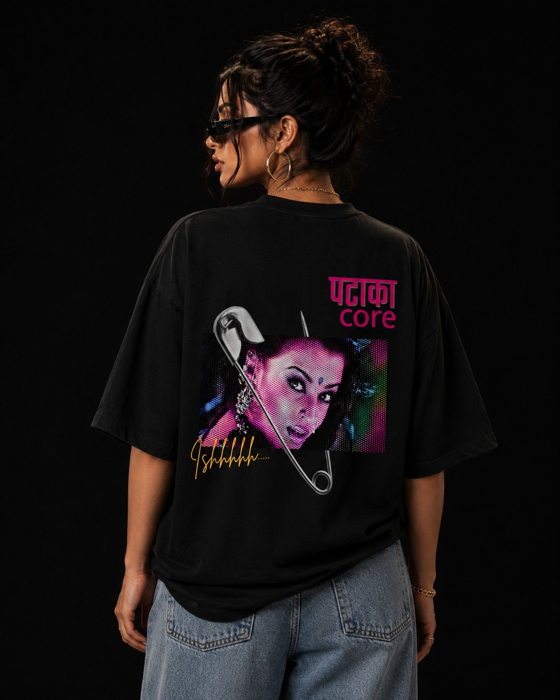 PATAKA Black Cotton Oversize 220GSM Round Neck Tshirts