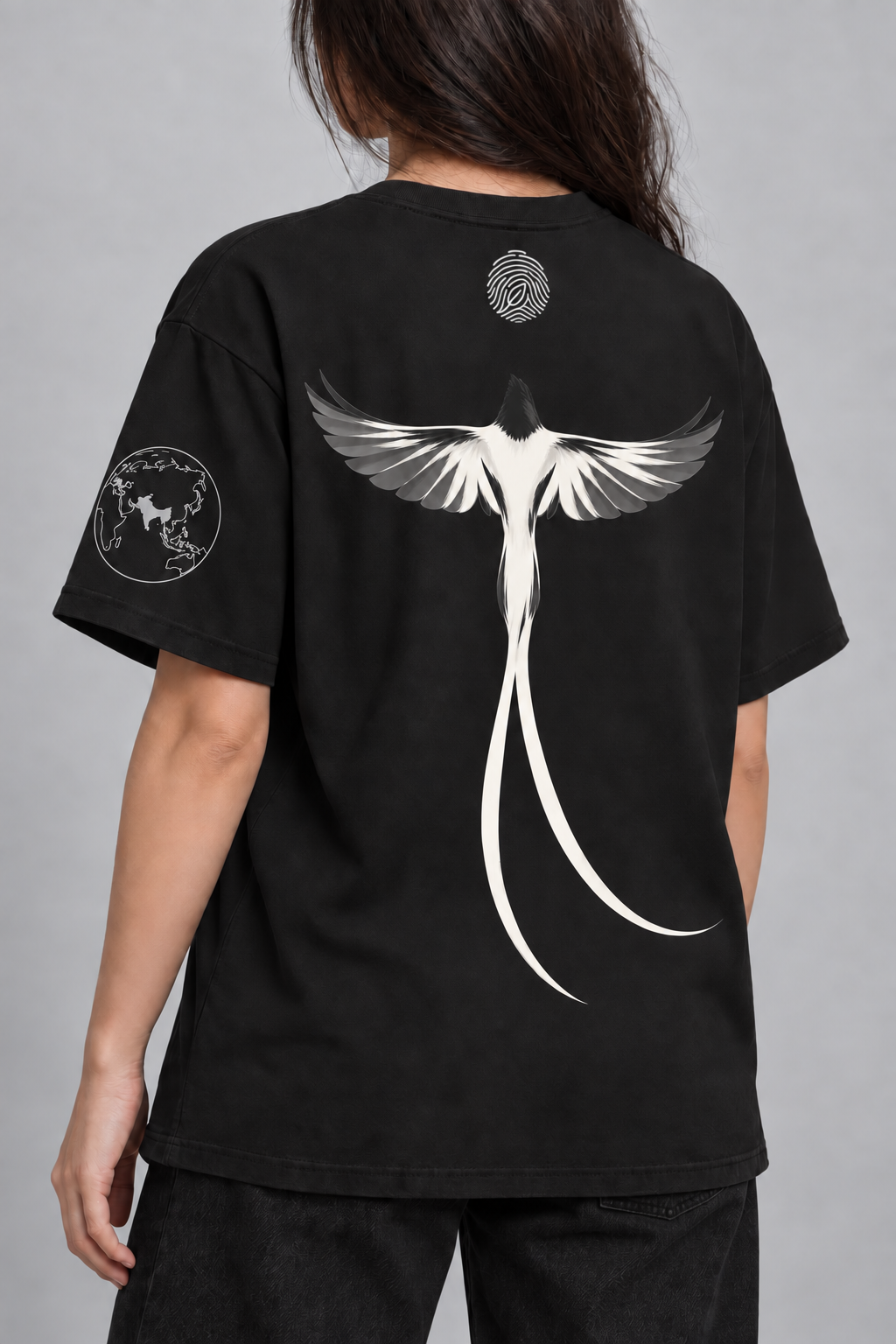 The Oversized Tee - Indian Paradise Flycatcher - Black | 220 GSM Cotton