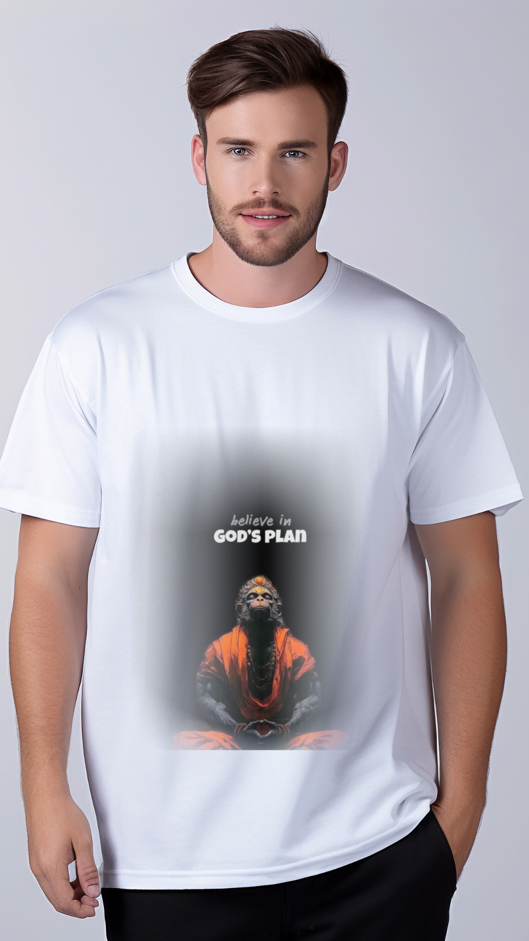 White Cotton Believe in God's Plan Round Neck Cuffed Sleeve 180 GSM Regular Fit T Shirts