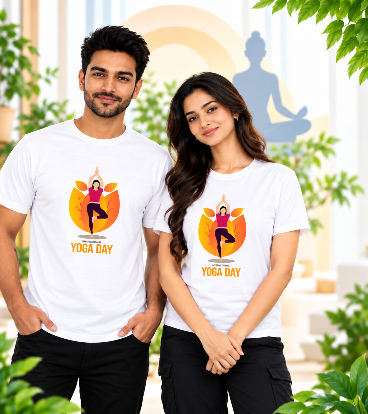 International Yoga Day Tree Pose Balance Polyester Round Neck Unisex T-Shirt 140 GSM White