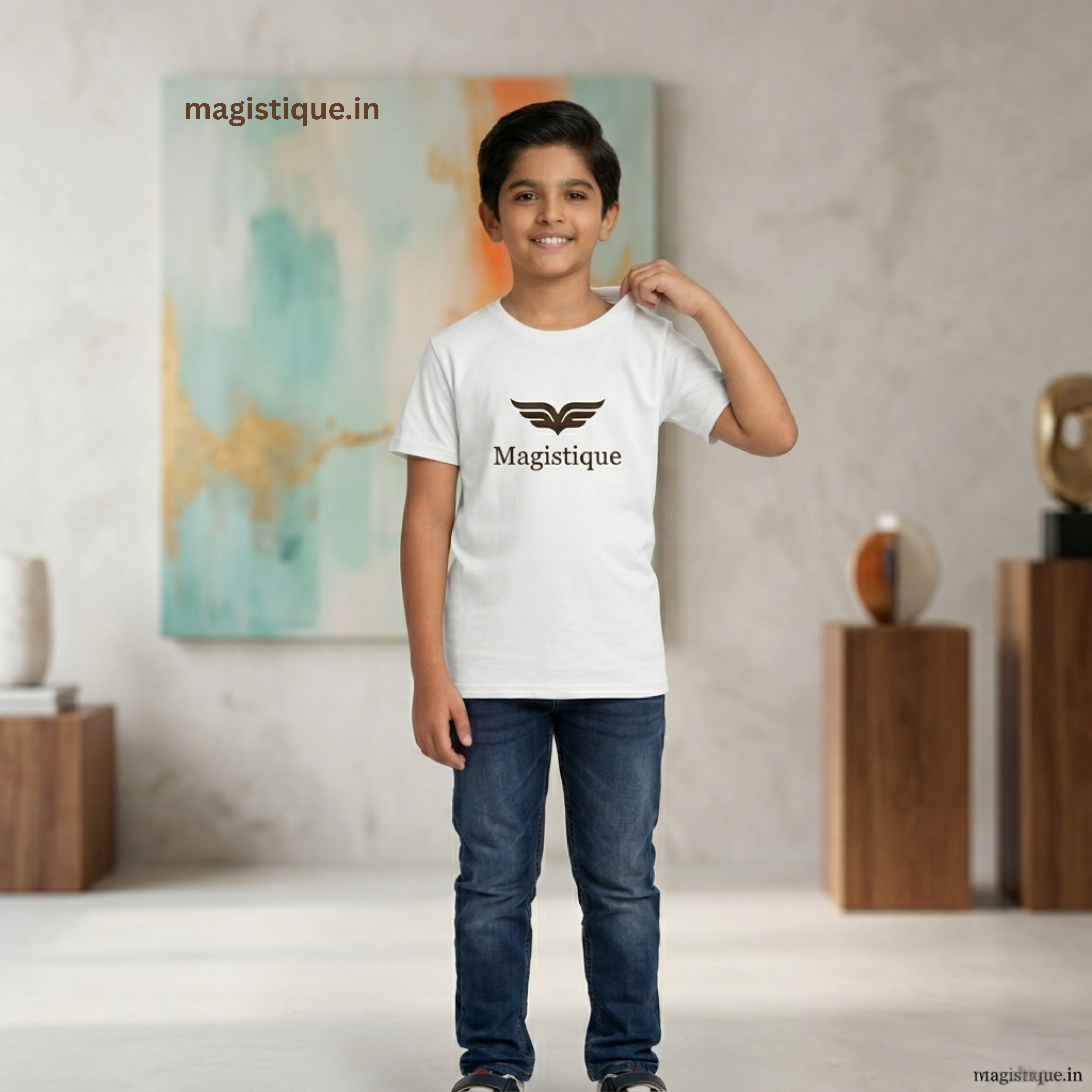 Magistique White Kids Polyester Round Neck 100 GSM T-Shirts