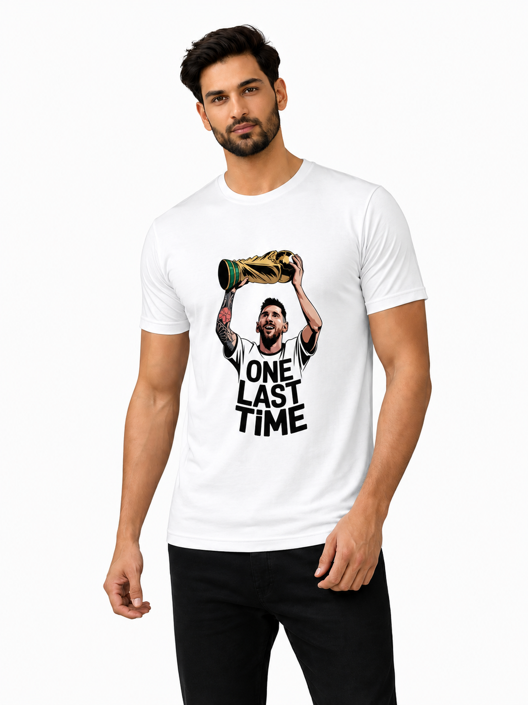 Messi - One Last Time - White Cotton Round Neck Cuffed Sleeve 180 GSM Regular Fit T Shirts