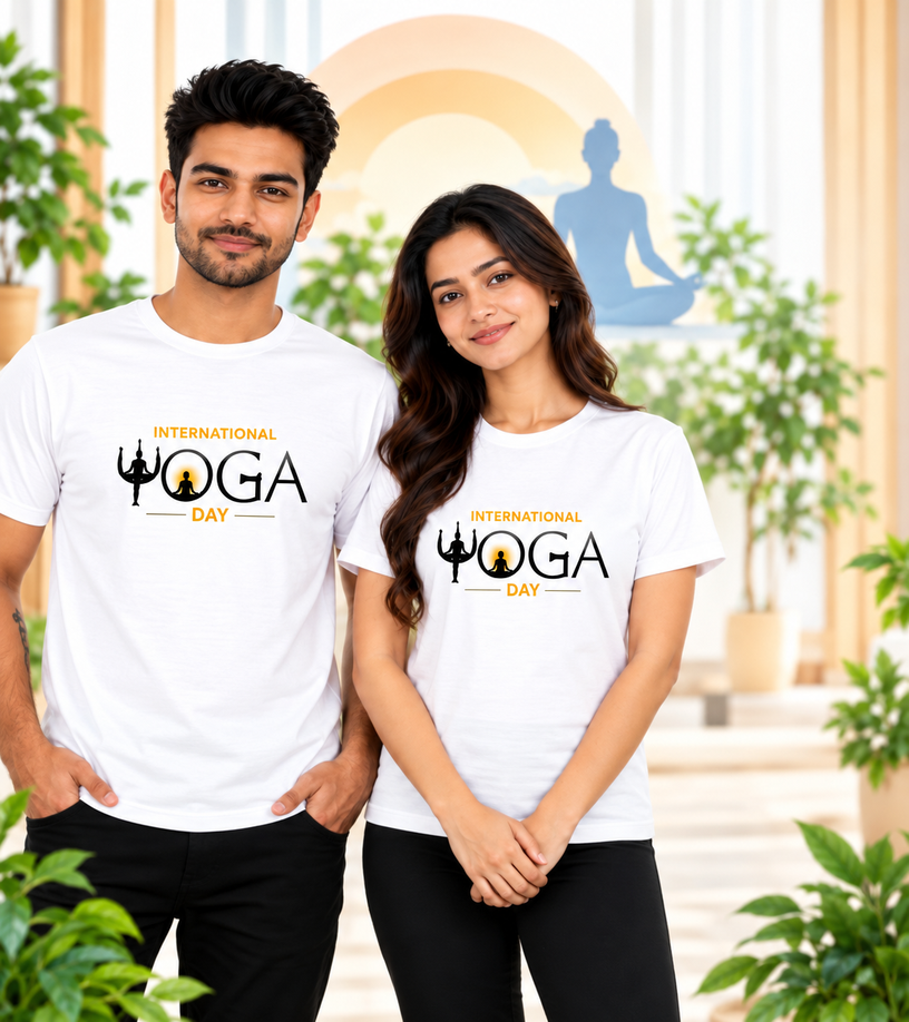 International Yoga Day Typography Polyester Round Neck Unisex T-Shirt 140 GSM White