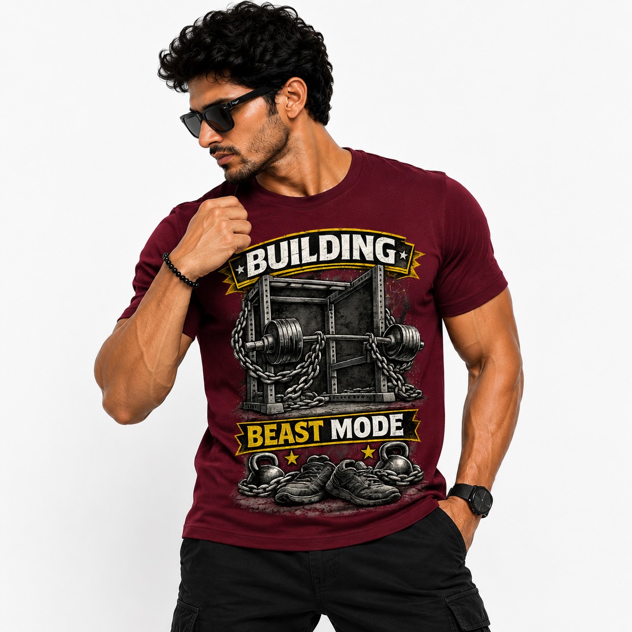 Building Beast Mode Men’s Gym T-Shirt – Maroon
