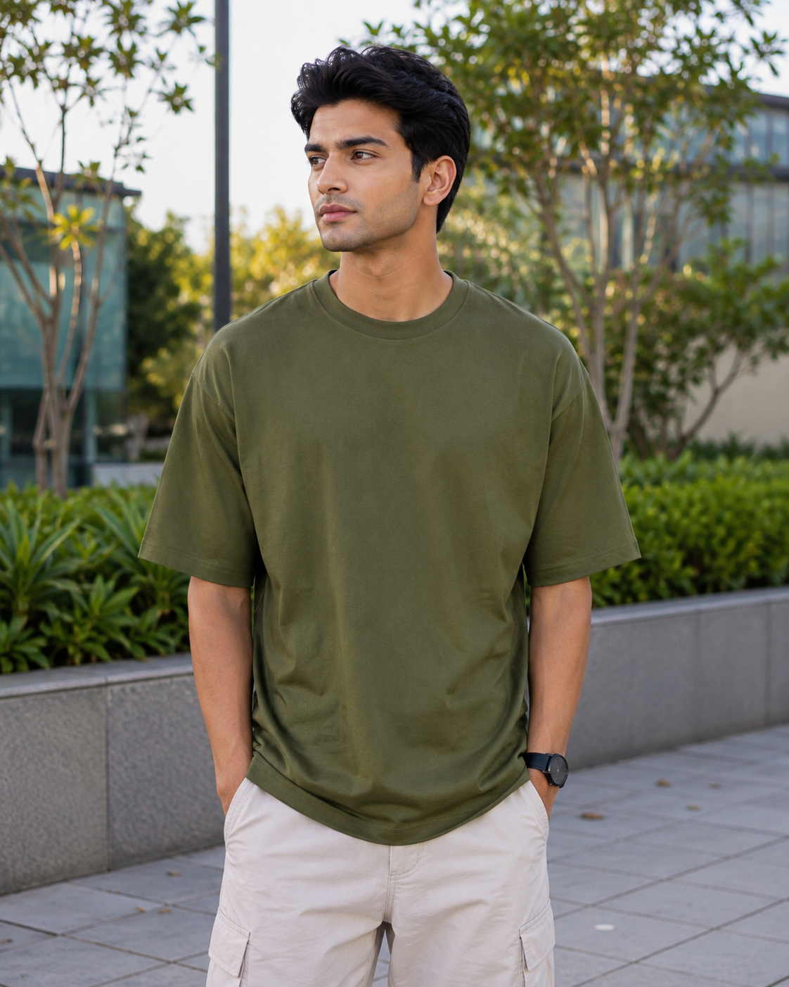 Olive Oversize Cotton French Terry Half Sleeve 240 GSM Tshirts