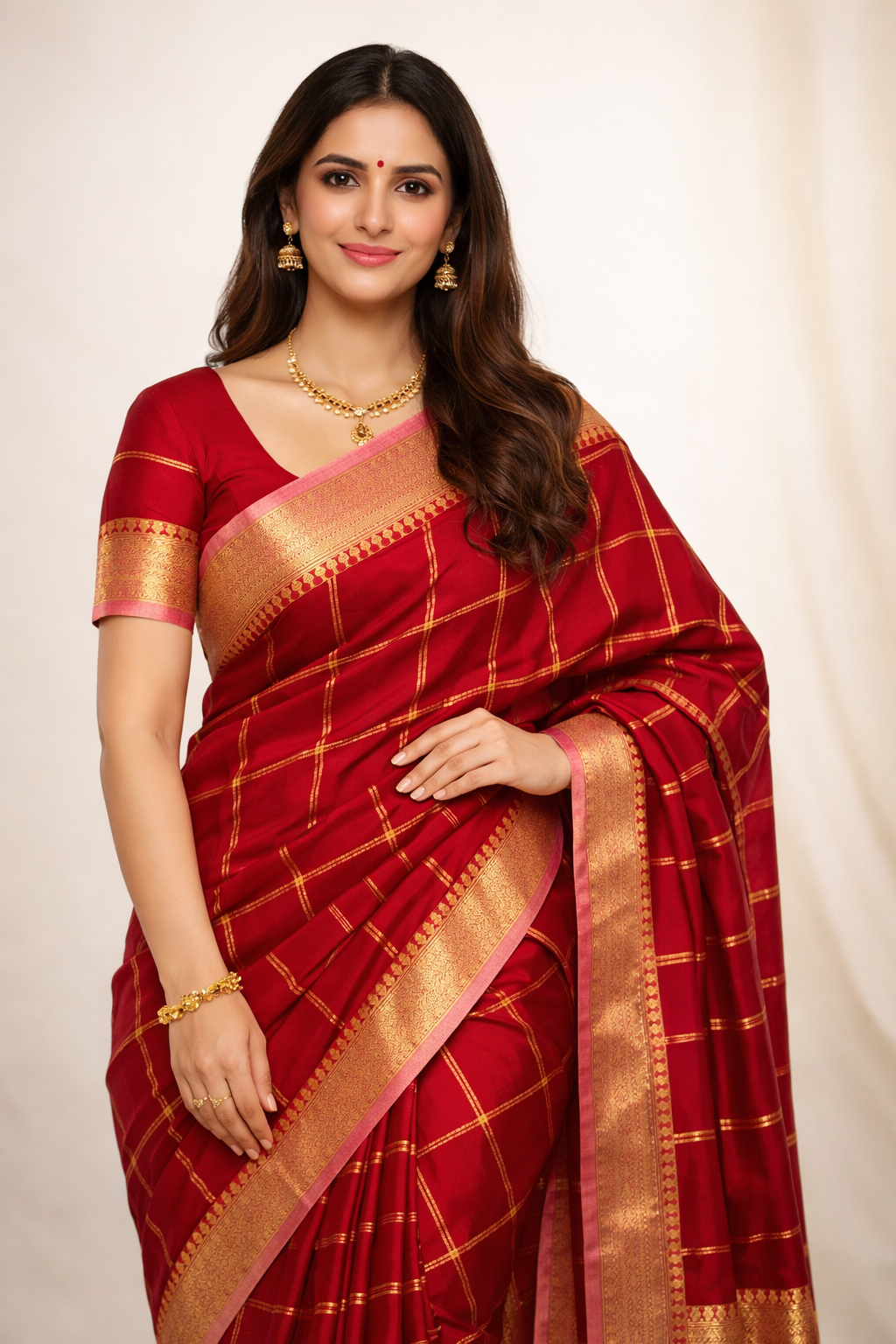 Red Crepe Saree with Gold Zari Chex and Pink Border