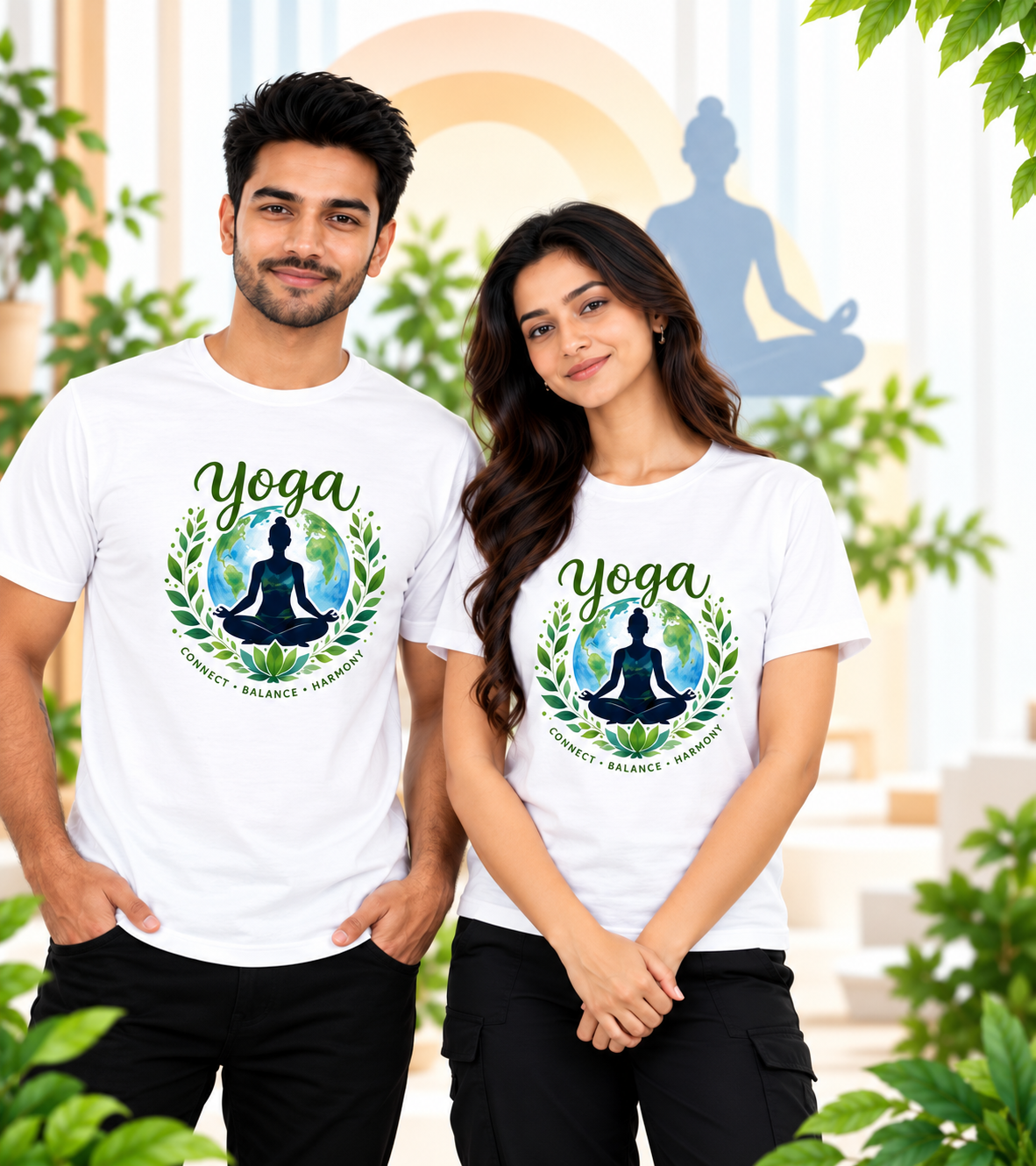 International Yoga Day Connect Balance Harmony Meditation Polyester Round Neck Unisex T-Shirt 100 GSM White