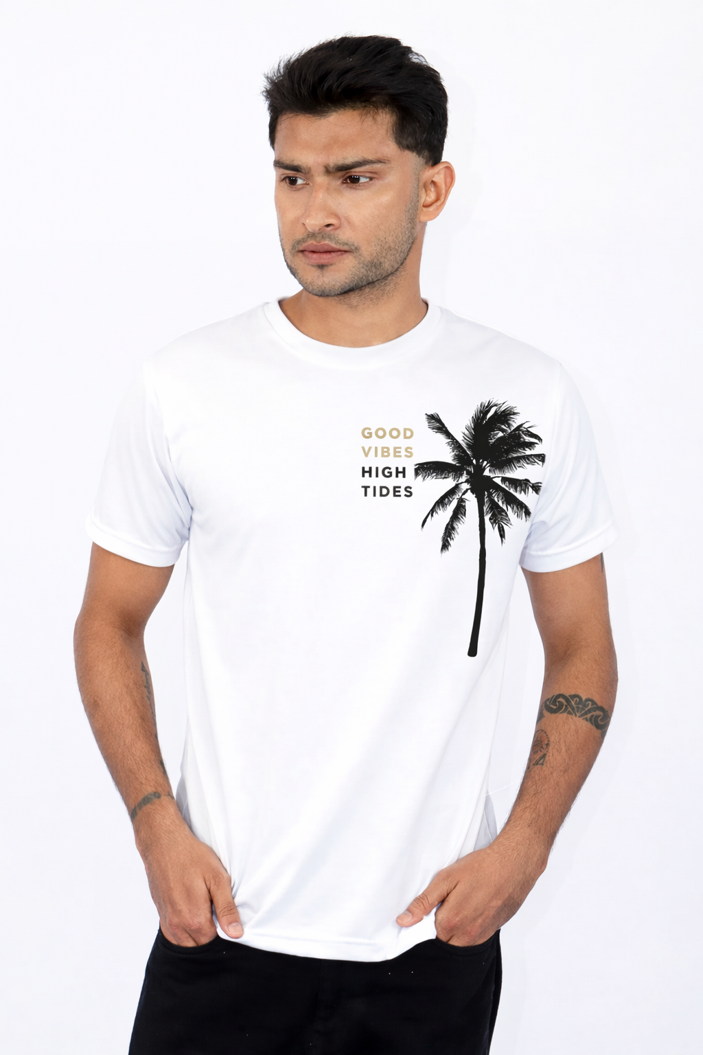 White Palm Tree Printed T-Shirt | Unisex Casual Round Neck 140 GSM Polyester Tee