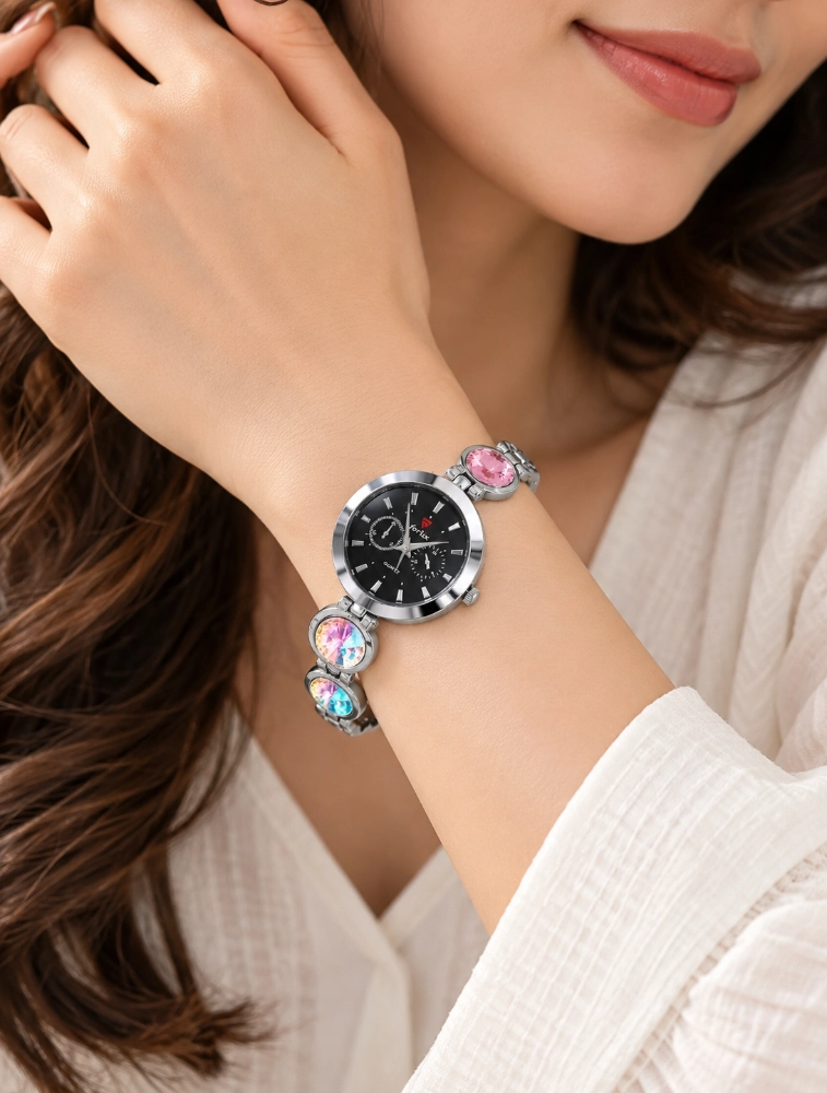 Silver Elara Charm Elegant With Black Dial Womens Watch