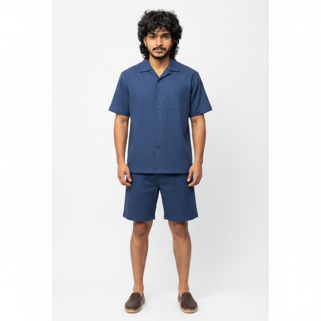 Men's Urban Royal Blue Textured Lycra Shirt and Shorts Co-ord Set