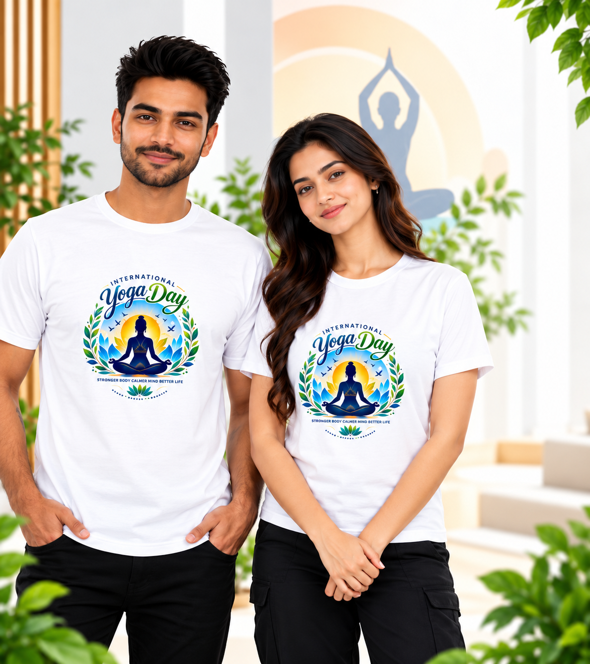 International Yoga Day Stronger Body Calmer Mind Better Life Polyester Round Neck Unisex T-Shirt 100 GSM White