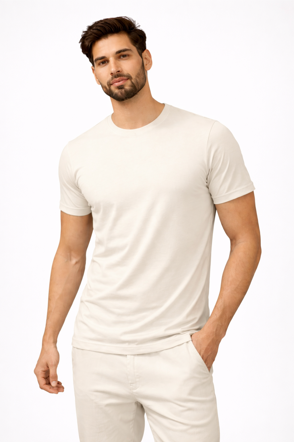 Off White Cotton Lycra 180 GSM Round Neck Men’s T-Shirt