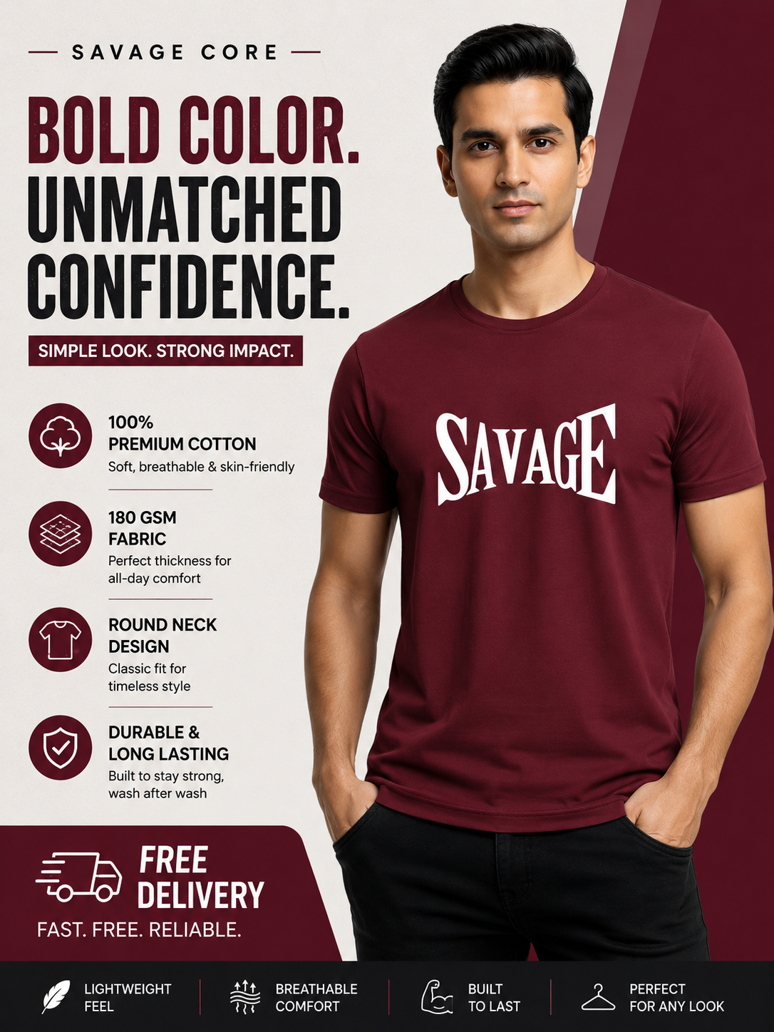 Savage Core Cotton Round Neck 180GSM Half Sleeve T-shirts Maroon