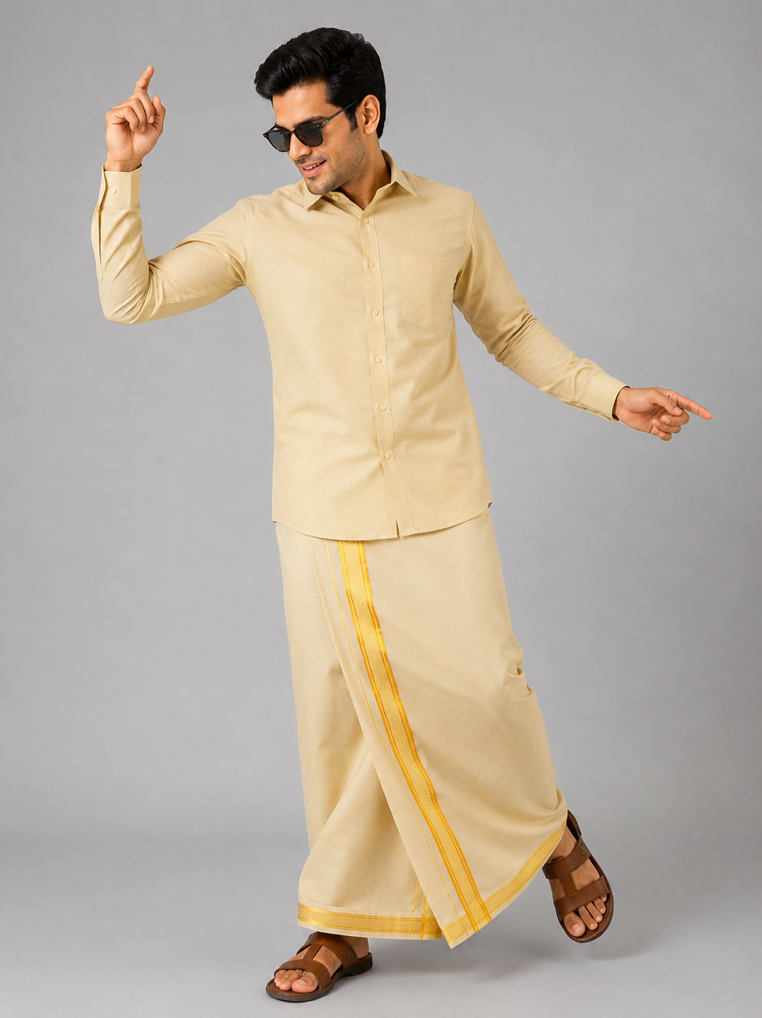 Mustard Yellow Mens Special Tissue Shirts and Dhoti Set   