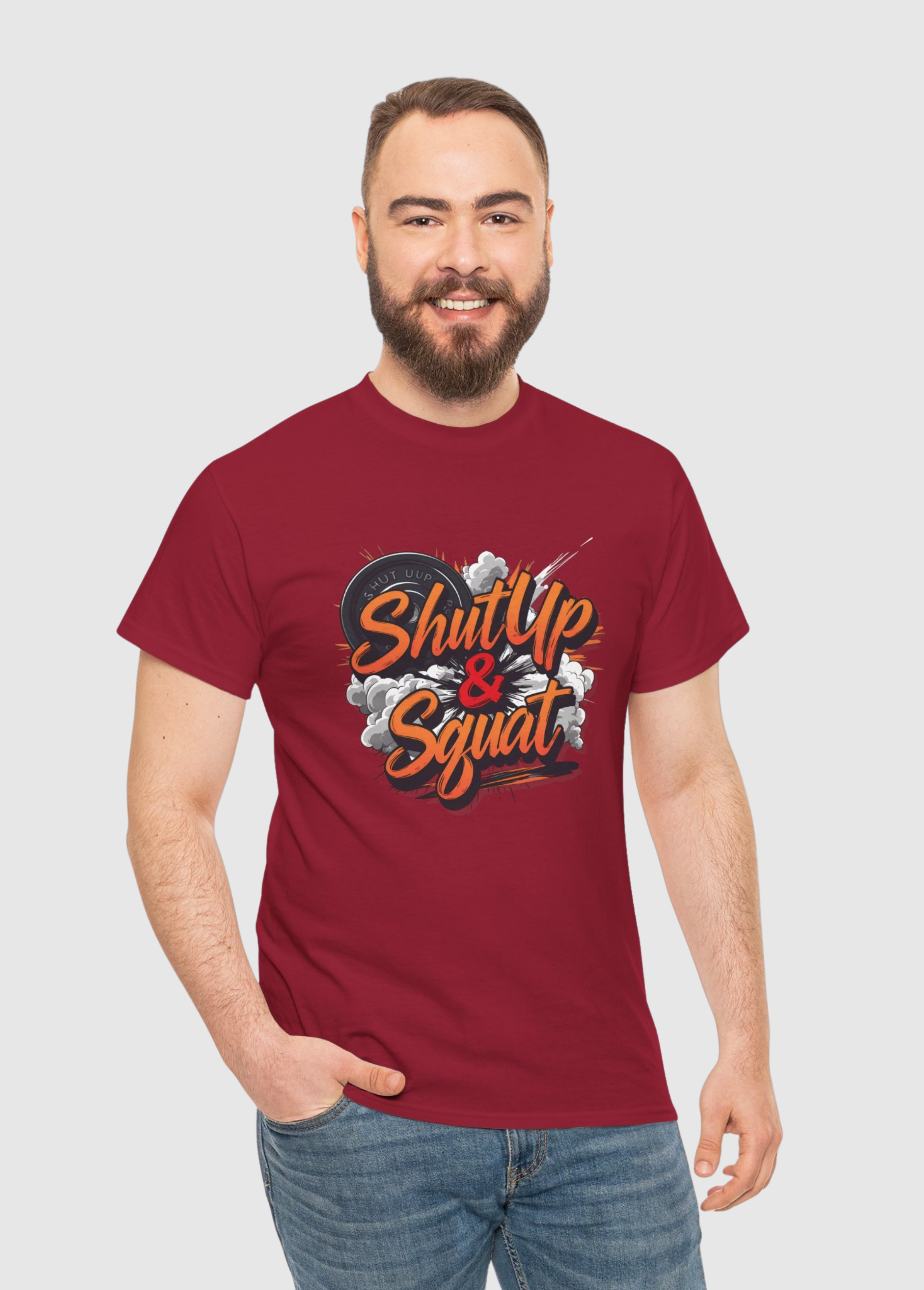 Shut Up & Squat – Maroon Unisex Gym T‑Shirt by SaroGenix
